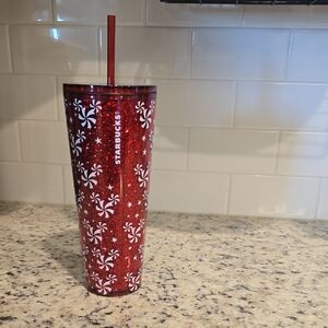 Starbucks Glittery Red Tumbler with Peppermint Motif